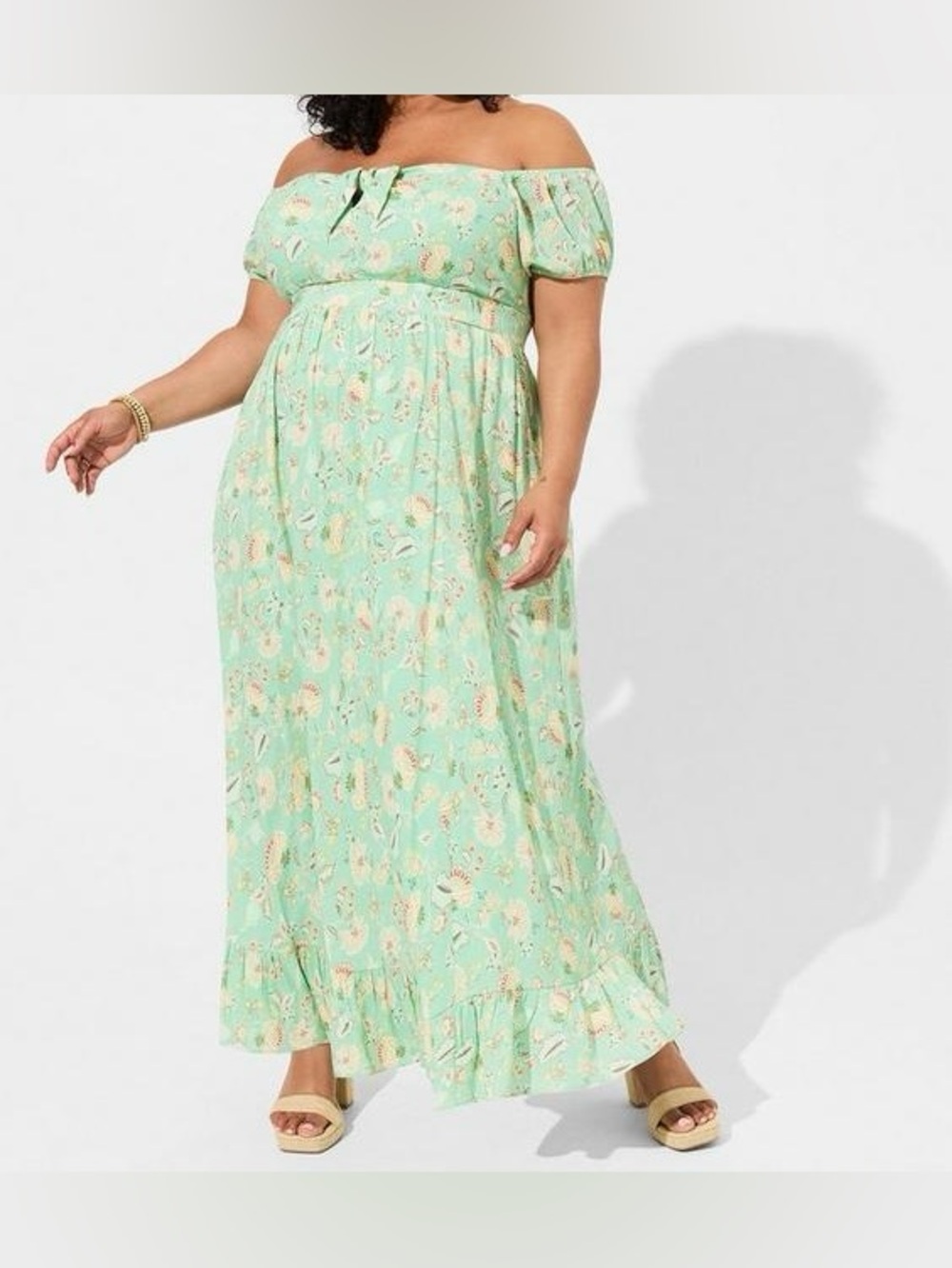 Torrid 0 (12)Milkmaid Dress Womens Maxi Gauze Off Shoulder Tie Front Dress Green